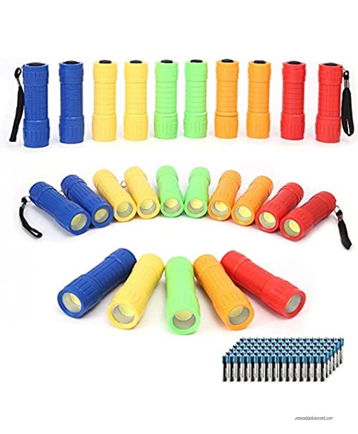 30-Pack Small Mini Flashlight Set 5 Colors COB LED Handheld flashlight with Lanyard,90-Pack AAA Battery Included for Kids Night Reading Party Camping Emergency Hunting