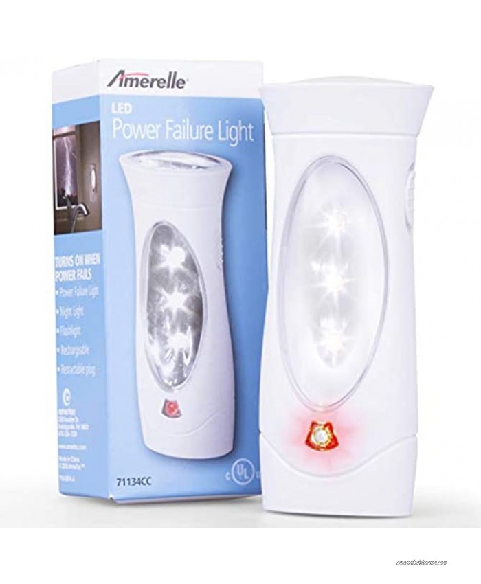 Amerelle Emergency Lights For Home 6 Pack – 3 Function Power Outage Lights – Amertac Power Failure Light and Plug In Flashlight Combo With Rechargeable Battery – Power Outage Storm Ready
