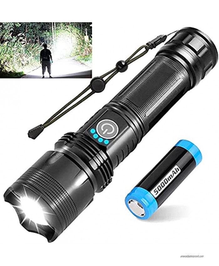 BERCOL Led Rechargeable Tactical Flashlight 10000 High Lumen Super Bright Flash Light with Battery 5 Modes Zoomable Waterproof Handheld Flashlight with Power Display for Camping or Emergencies
