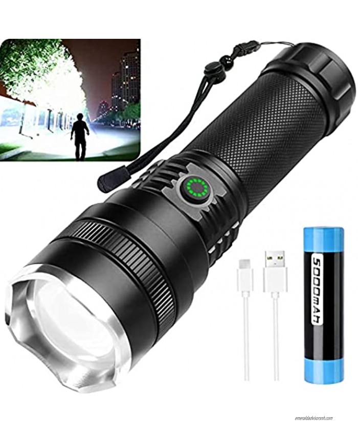 BERCOL Rechargeable LED Flashlights High Lumens,10000 Lumen Super Bright Tactical Flashlights 4 Modes Zoomable Flashlights with Battery & USB Charging,Waterproof Flashlight for Camping Hiking