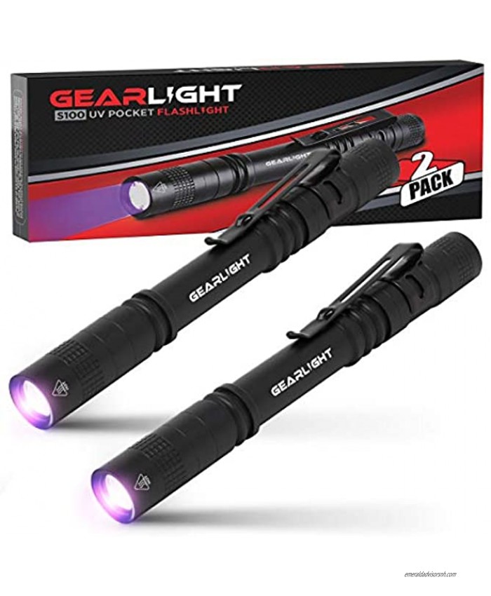 GearLight UV Black Light Flashlight S100 [2 Pack] Mini Blacklight Ultraviolet Pen Lights for Leak and Hotel Inspection Pet Urine Bed Bug Scorpion Stain and Dye Detector