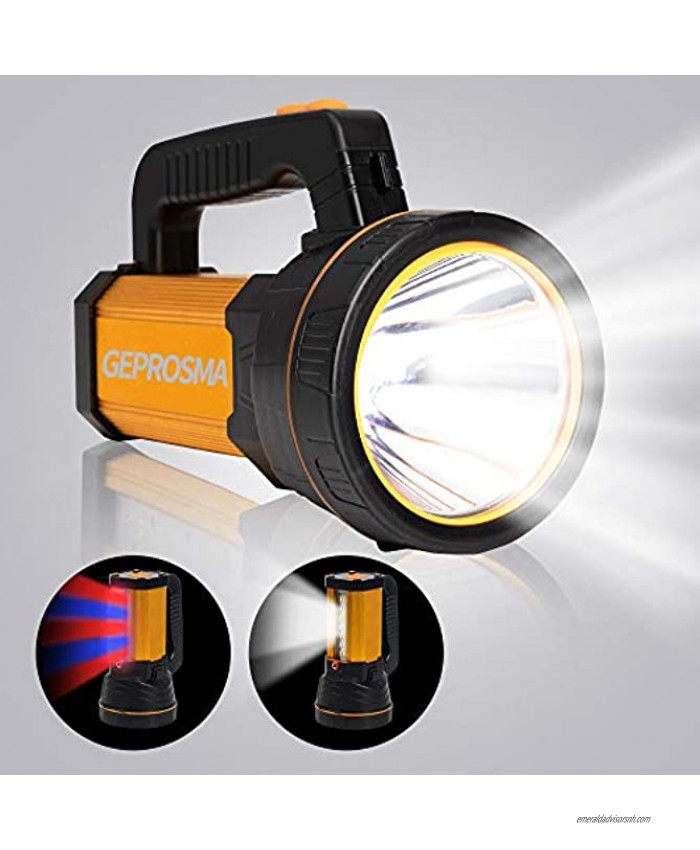 GEPROSMA High 6000 Lumen Powerful Rechargeable Flashlight Handheld Spotlight CREE LED Super Bright Large 4 Batteries 10000mah Ultra Long Lasting Portable Searchlight for Emergency Camping
