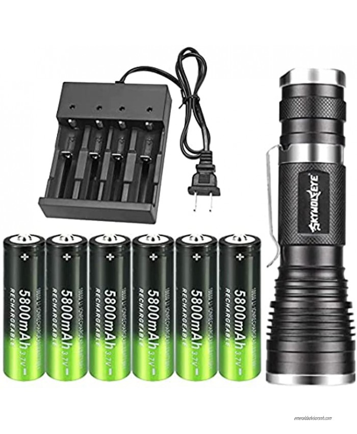 High 2000 Lumen LED 18650 Flashlight Tactical with 6PCS 3.7V Rechargeable Battery and 1PCS 4 Bay Battery Charger,Ultra Bright Zoomable 3 Modes for Camping Hiking Emergency Use