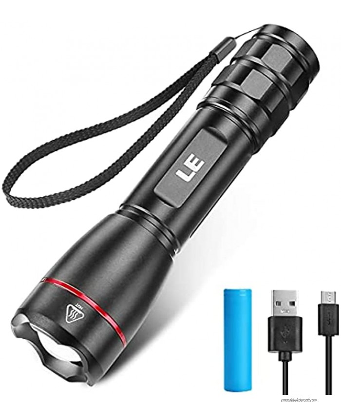 LE Rechargeable LED Flashlight Zoomable Tactical Torch 1000 Lumens Super Bright IPX7 Waterproof 5 Lighting Modes Portable Handheld Flashlights for Camping Running Dog Walking and Emergency