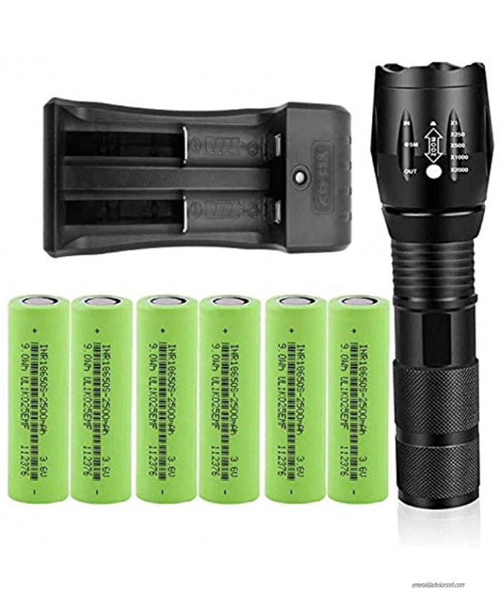 LED 18650 Flashlights Set with Six 2500mAh Rechargeable Battery +Batteries Charger Zoomable Water Resistant 5 Modes High Lumen Handheld Light for Camping Fishing