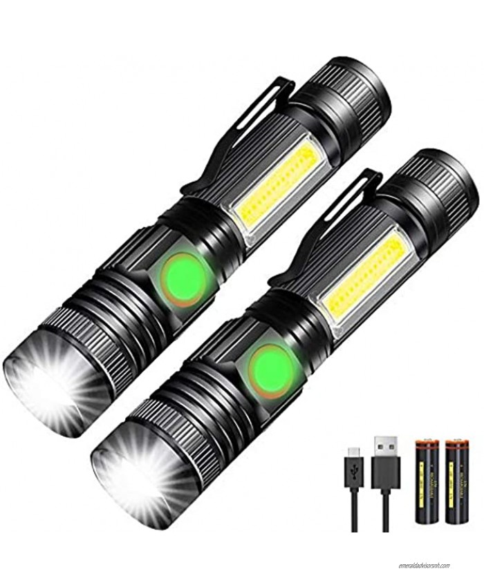 LED Flashlight Rechargeable Waterproof Maglite Mini Small Black EDC Tactical Flashlights Gear High Lumens with COB Flash Light for Camping Police Emergency Car 2 Pack