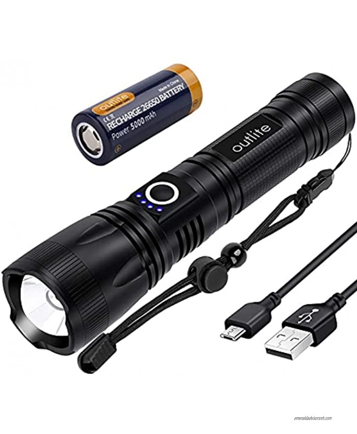 Outlite LED Flashlgiht 5000 Lumens 5000mAh USB Rechargeable 26650 Battery Included 5 Light Modes Zoomable Long Working Time Tactical Handheald Torch for Camping Hiking Hunting Emergency