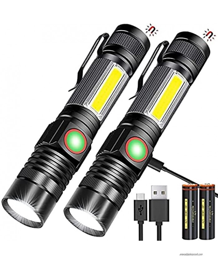 Rechargeable Flashlight Magnetic Flashlight（with 18650 Battery Super Bright Pocket-Sized COB Work Light T6 LED Torch with Clip Zoomable Water Resistant 4 Modes for Camping Hiking 2 Pack