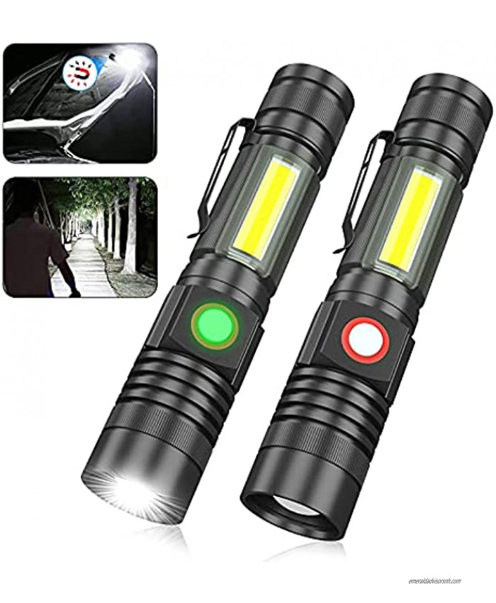 Rechargeable LED Flashlight Waterproof Tactical Flashlights with COB Work Light Zoomable Super Bright Magnetic Flashlight Water Resistant Small Pocket Flashlights for Camping Emergencies Hiking
