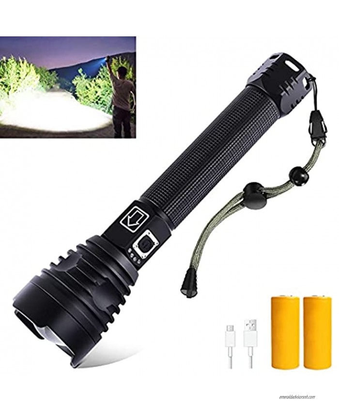 Rechargeable LED Flashlights High Lumens 100000 Lumens Super Bright Tactical Flashlights with 26650 Batteries Zoomable Waterproof 3 Lighting Modes Handheld Flashlight for Emergency Fishing