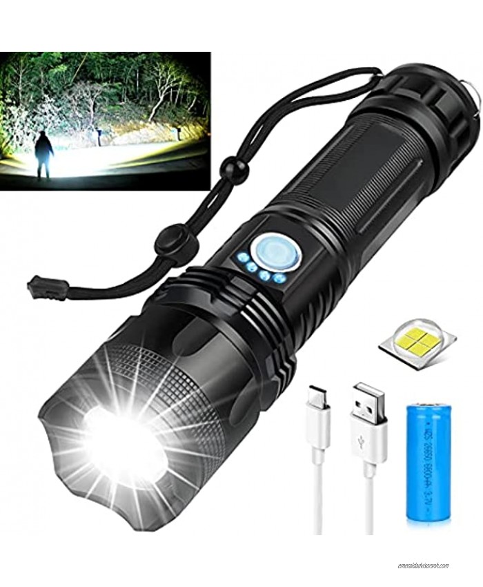 Rechargeable LED Flashlights High Lumens Super Bright 10000 Lumens Powerful Tactical Flashlights with 5 Lighting Modes 26650 Batteries Zoomable Waterproof IPX5 for Camping Emergencies