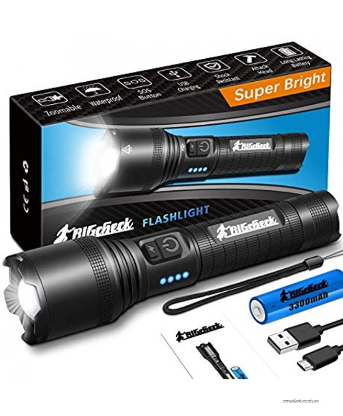 Super Bright Flashlight LED High Lumens Flashlights Emergency Strobe 18650 Battery Rechargeable 5 Modes 4X Zoomable IP67 Waterproof Powerful Flash Lights,BigCheck EDC Everyday Flashlights