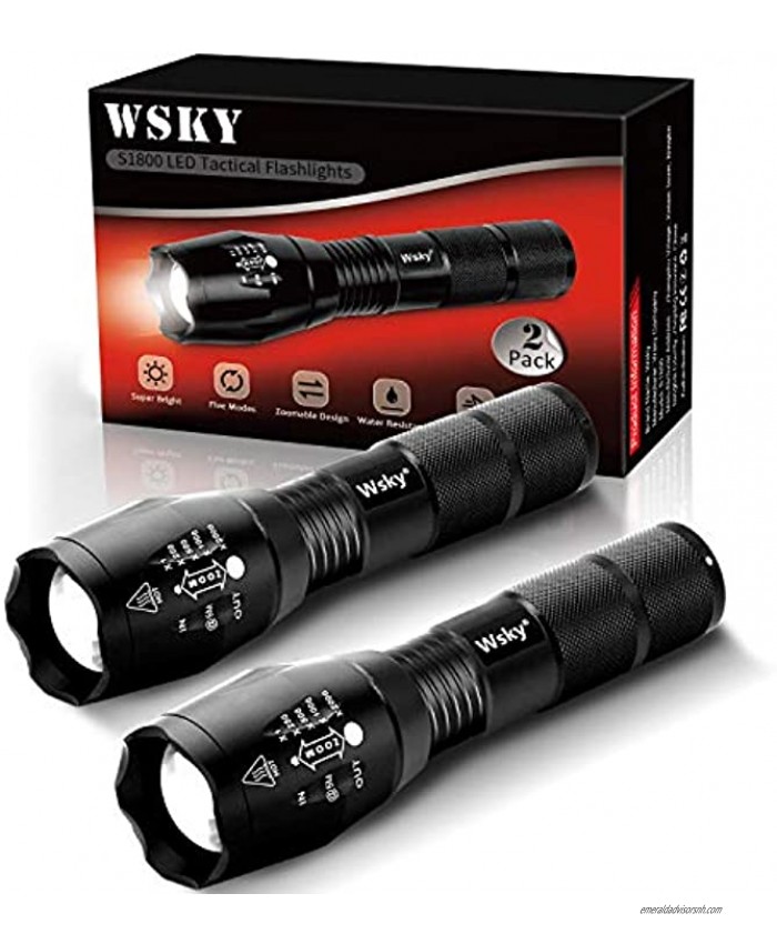 Wsky LED Tactical Flashlight S1800 Powerful Waterproof Flashlight High Lumen Zoomable 5 Modes Perfect for Camping Biking Home Emergency or Gift-Giving Batteries Not Included