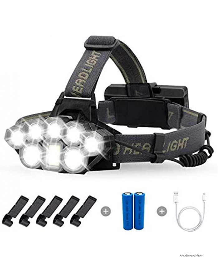 Briignite Rechargeable Headlamp 8 LED High Lumen Headlamp Flashlight 6 Modes with White Red Lights 18650 USB Rechargeable Waterproof Headlight Flashlight for Camping Hiking Cycling Outdoors