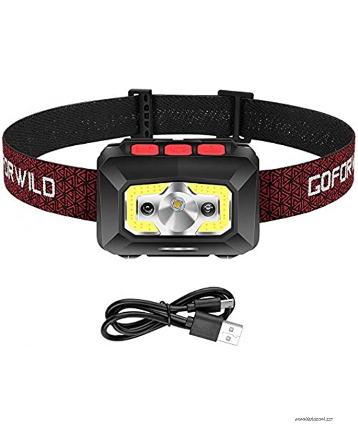 GOFORWILD Rechargeable Headlamp 500 Lumen COB Enhanced Head Lamp with Individual On Off Button Super Bright White Cree LED & Red Light Motion Sensor Waterproof Perfect for Running Camping Hiking
