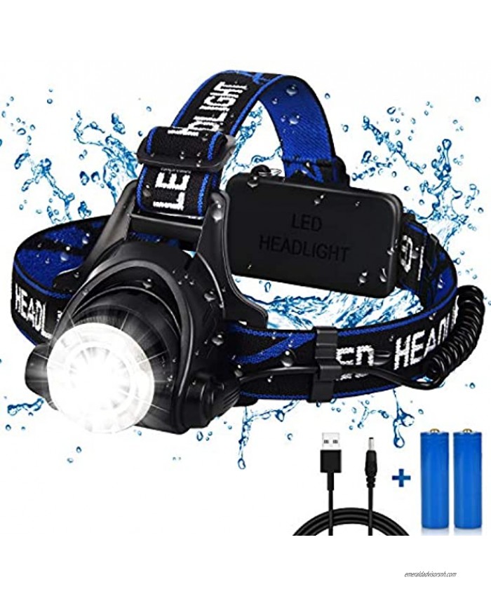 Headlamp High Lumen USB Rechargeable LED Headlamps Zoomable Lightweight 3 Modes Head Lamp Adjustable IPX4 Waterproof Headlamp Flashlight for Adults Hiking Running Camping Battery Include