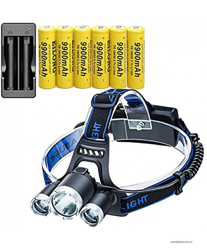 LED 8000 Lumens Headlamp Flashlight ,with 6PCS 3.7V 9900mAh Rechargeable 18650 Battery + Batteries Charger,Waterproof 4 Modes Bright Headlight for Cycling Camping Running Fishing
