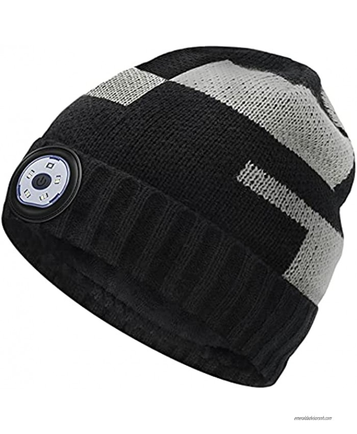 LED Beanie Hat with Light USB Rechargeable Hands-Free Headlamp Cap Unisex Winter Knit Lighted Headlight Hat for Camping Running Fishing Christmas Thanksgiving Gifts Stocking Stuffers for Men Women