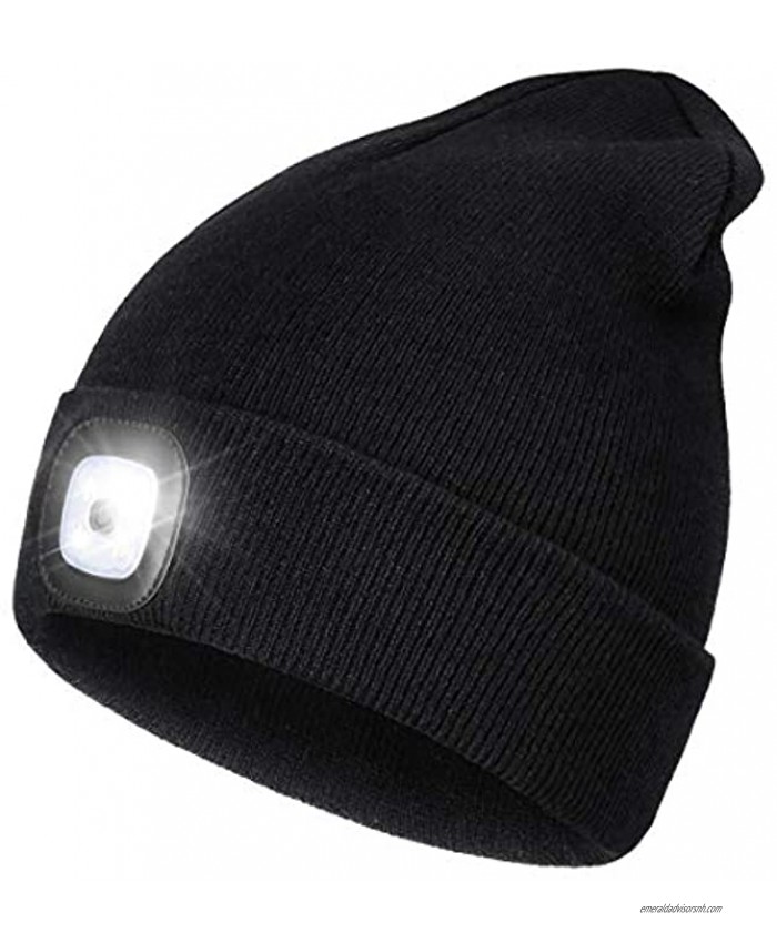 LED Beanie Hat with Light,Unisex USB Rechargeable Hands Free 4 LED Headlamp Cap Winter Knitted Night Lighted Hat Flashlight Women Men Gifts for Dad Him Husband
