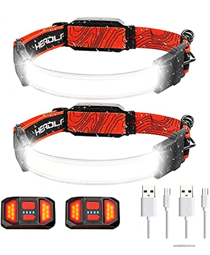 Rechargeable Headlamp Flashlight BSTiltion 2 Pack LED Wide-Beam Headlamp 210° Illumination 500 Lumen 3 Light Modes Waterproof COB Headlight with Red Lights for Cycling Running and Camping