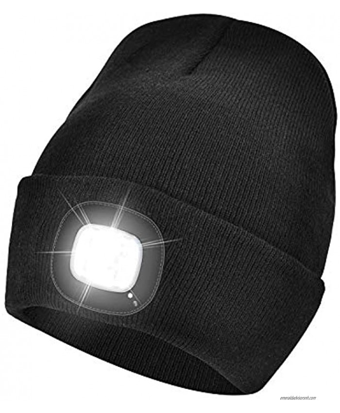 Unisex LED Beanie Hat with Light USB Rechargeable Winter Knit Lighted Headlight Hats Headlamp Cap Gift for Men and Women Black