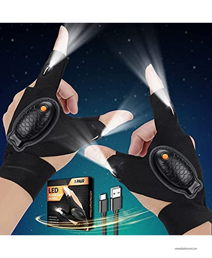 Rechargeable LED Flashlight Gloves Gifts for Men Women Christmas Stocking Stuffers for Men Women Mom Dad Husband ​- Hands-Free Lights Tools for Night Fishing Repairing BBQ Running Camping