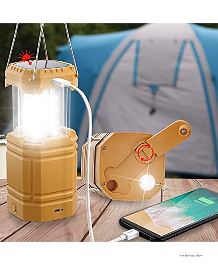 Electric LED Camping Lantern Portable Solar Hand Crank Flashlight for Emergency Rechargeable Bright Survival Tent Lamp with Long Hours 2000mAh Power Bank with USB Charger for Power Outages Outdoors