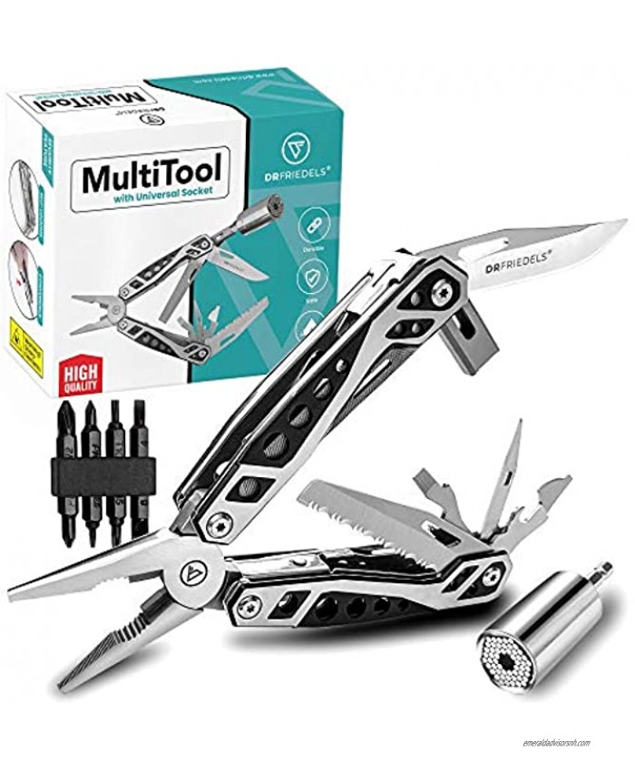 DRFRIEDELS Multitool – 22 in 1 Tools and Universal Socket Set – Multitools Including Screwdriver Set for DIY and Repair Jobs – Compact Pocket Multi Tool with Pliers Bottle Opener Chisel and More