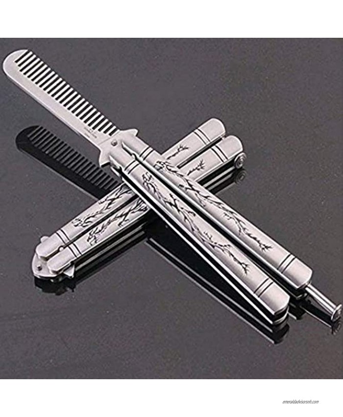 Kakasogo 1 pcs Dragon Totem Stainless Steel Practice Dull Butterfly Comb Knife Folding Blunt Rotatable Trainer Hand Safe Training Unsharpened Tool SetSilver