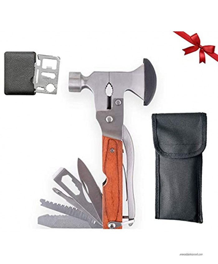 Multitool Camping Gear Gift for Men Aesmed Survival Accessories Equipment with Axe and Hammer for Outdoor Hunting Hiking Durable Sheath and Free Stainless Steel Survival Pocket Tool Wooden Handle