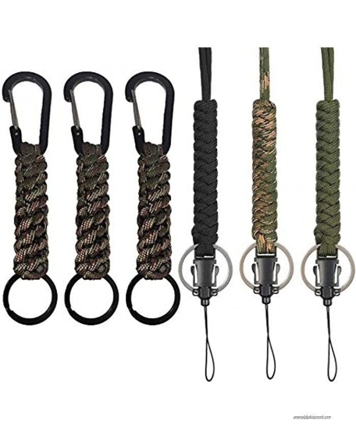 Gzingen 6PCS Military Survival Paracord Keychains with Carabiner Necklace Rope Keychain Utility Tactical Keychain Lanyard Adjustable Parachute Cord Neck Strap Quick Release for Outdoor Hiking Camping