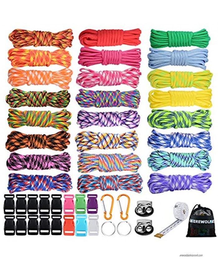 WEREWOLVES 550 Paracord Kit Survival Parachute Cord DIY Weaving Craft Tool Kit with Buckles Key Rings Carabiner Whistle Soft Tape Measure