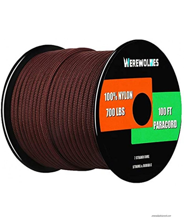 WEREWOLVES 700lb Paracord Parachute Cord Type III 7 Strand 100% Nylon Core and Shell 700 lb Tensile Strength Paracord Spool