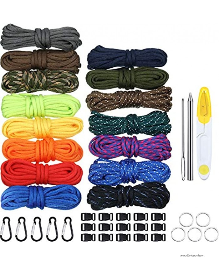 WILLBOND 150 Feet 15 Colors Paracord Cord with Buckles Keychain Key Rings and 3-Piece Paracord Lacing Needle Stitching Needles Kit