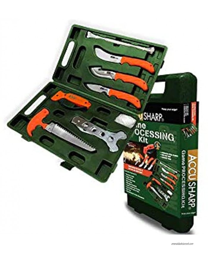 AccuSharp 9-Piece Hunting Knife Set w  Case Includes Butcher knife Caper knife Gut-Hook Knives Bone Saw Ribcage Spreader Zip Ties Gloves & Knife Sharpener For Fishing Hiking & Camping