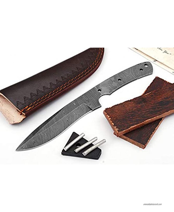 Damascus Knife Making Kit DIY Handmade Damascus Steel Includes Blank Blade Pins Leather Sheath Handle Scales for Knife Making Supplies by ColdLand NB101