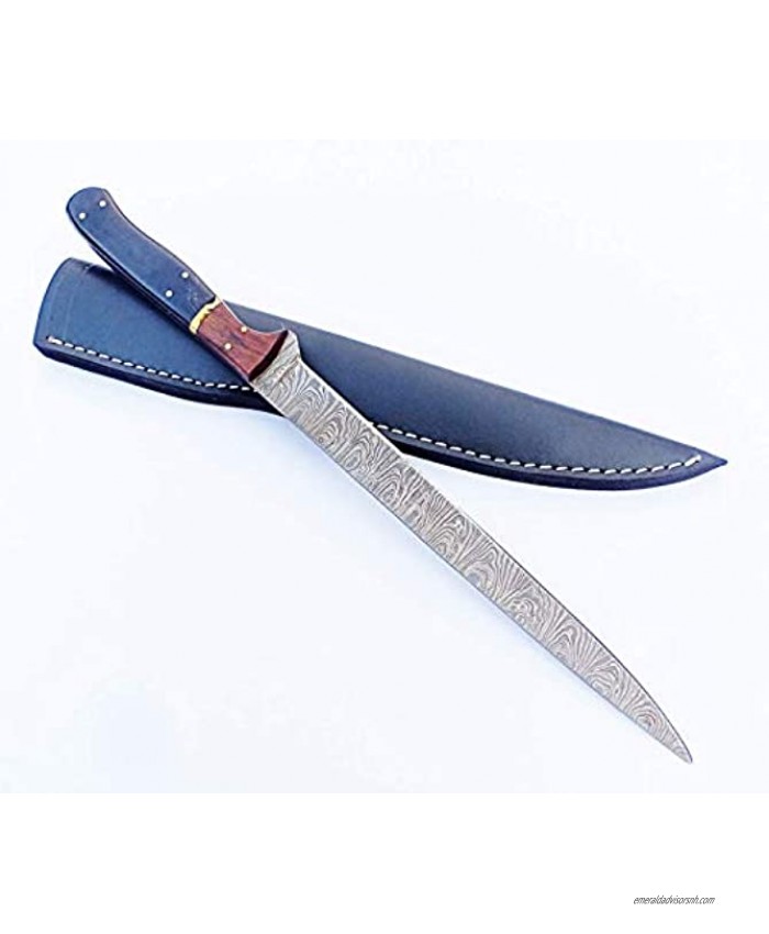 F110N Handmade Damascus Steel Large Fillet Knife Hunting Fishing Full Tang Wood & Horn Handle 13.5 inch Sharp