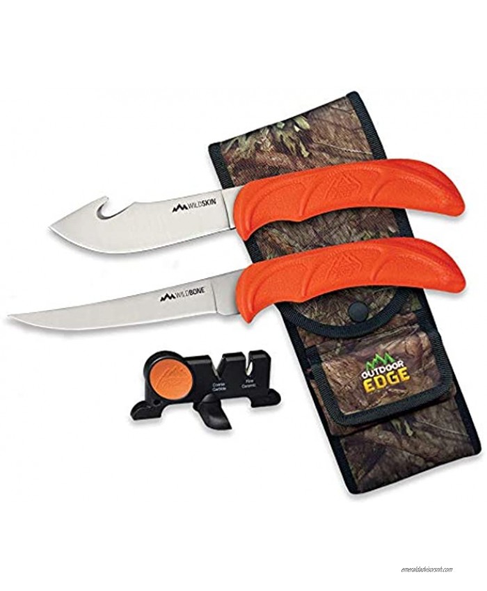 Outdoor Edge WildBone 4-Piece Field to Freezer Hunting & Game Processing Knife Set with Gut-Hook Skinner Boning Fillet Knife Carbine Ceramic Sharpener and Mossy Oak Camo Belt Scabbard