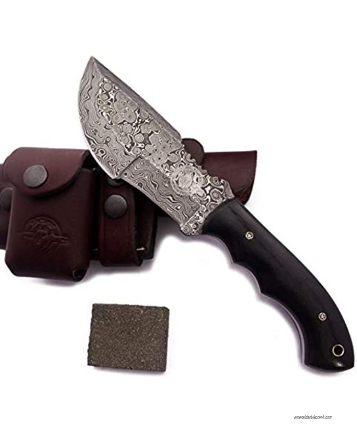 WolfKlinge Handmade Damascus Steel Tracker Knife for Hunting Bushcraft Skinning with Full Tang Micarta Handle and Cowhide Leather Sheath DCX17-63