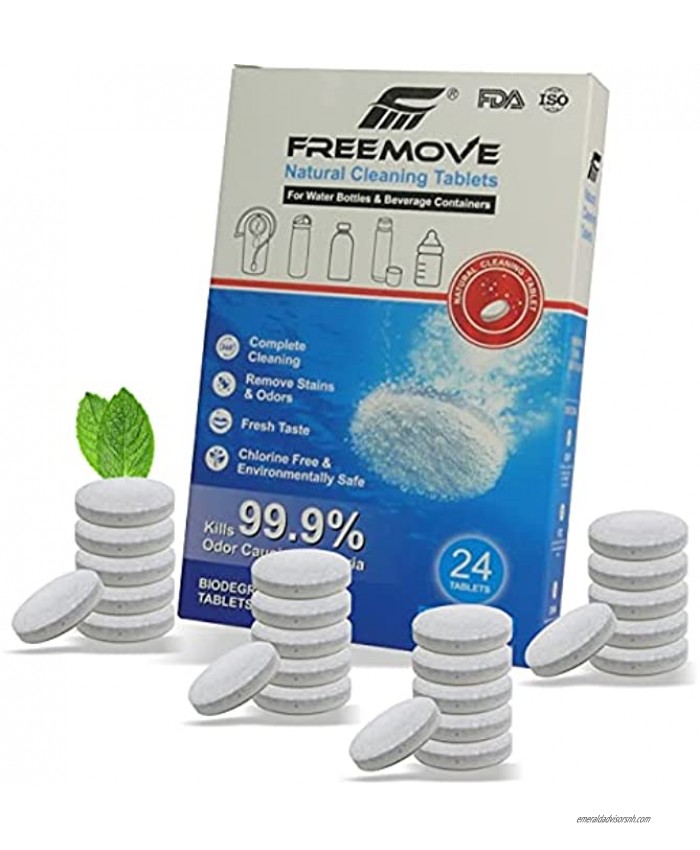 FREEMOVE Cleaning Tablets Pack of 24 – for 2 or 3 Liter Hydration bladders Water Bottles Travel Mugs Thermos Containers reservoirs Coffee tumblers