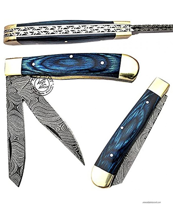 Double Blade Blue Wood 8.5'' Damascus Steel Double Blade Trapper Folding Pocket Knife 100% Prime Quality