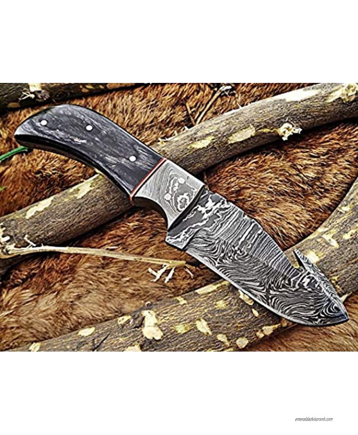 8 Long Hand Forged Damascus Steel Full Tang Blade Gut Hook Skinning Knife 2 Tone Dollar Wood with Brass Bolster Cow Hide Leather Sheath
