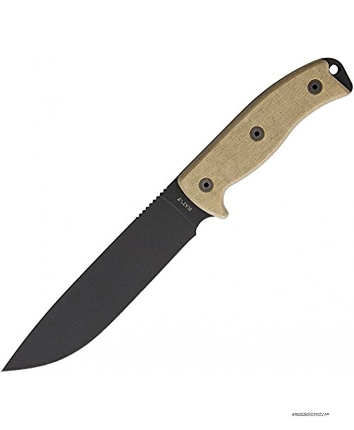 Ontario Knife Co. 8668 Rat-7 Fixed Blade Knife 7 Drop Point 1095 Black Carbon Steel Blade 5 Tan Micarta Handle for Outdoor Tactical Survival Bushcraft and EDC