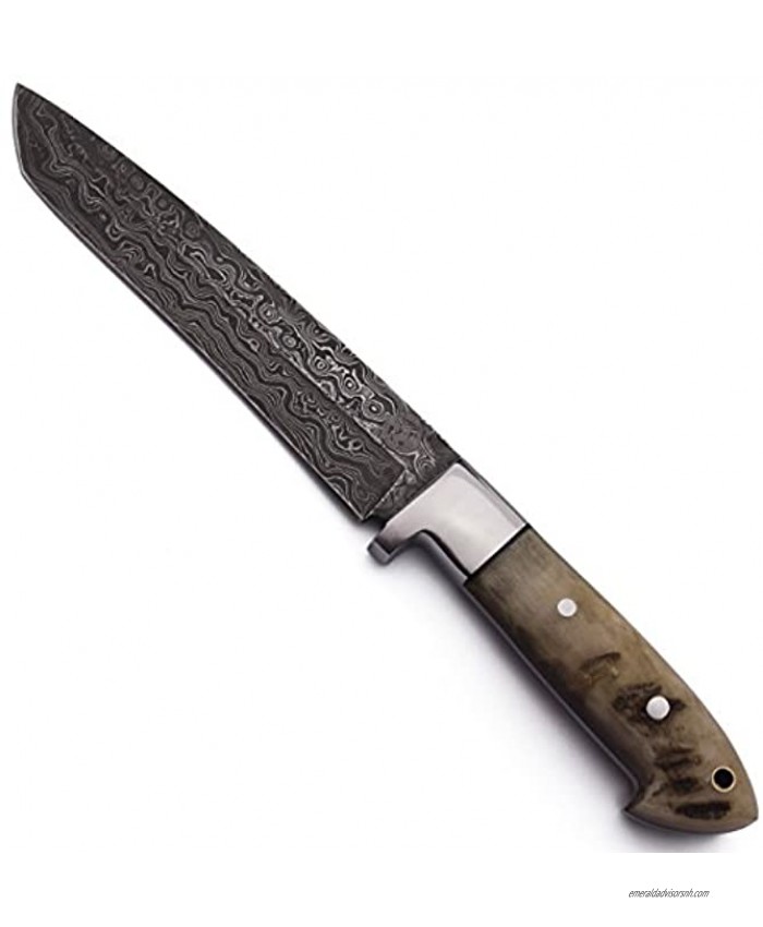 WolfKlinge DCX17-12 Handmade Damascus Steel Survival Sheep Horn Handle with Cowhide Leather Sheath