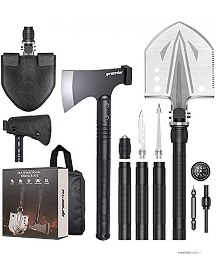 GRESOU Survival Shovel Axe Set Camping Shovel Multitool High-Carbon Steel Tactical Shovel Axe 3 Thicken Extension Handles 19-38.7 Inch Camping Survival Kits Gear for Outdoor Camping Hiking Emergency