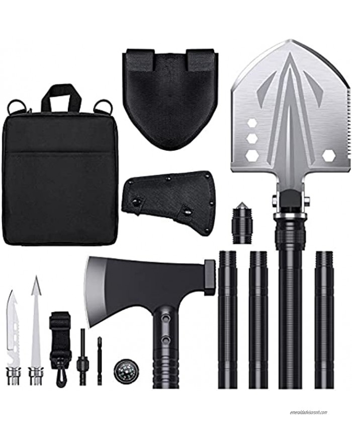JOLLOK Survival Shovel Kit，High Carbon Steel Tactical Shovel Camping Shovel Hatchet Combo 3 Thicken Extension Handles Survival Gear and Equipment for Outdoor Hiking Hunting Emergency Backpacking
