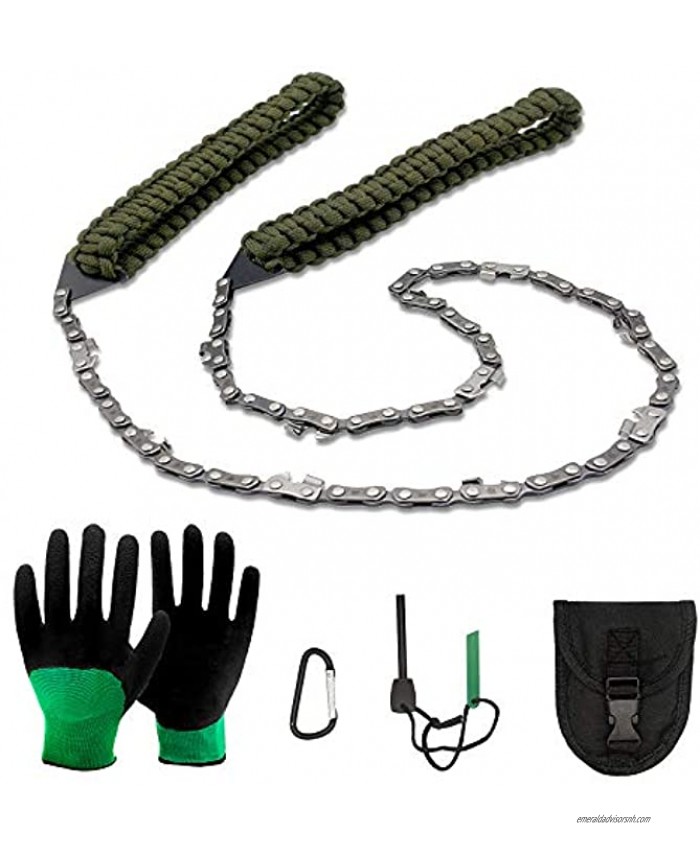 Pocket Chainsaw Rope Tree Cutting Saw 36inch-11teeth Long Wire Survival Saw with Fire Starter and Gloves for Camping Hiking Hunting Outdoor Survival Gear Emergency Kit with Paracord Handle
