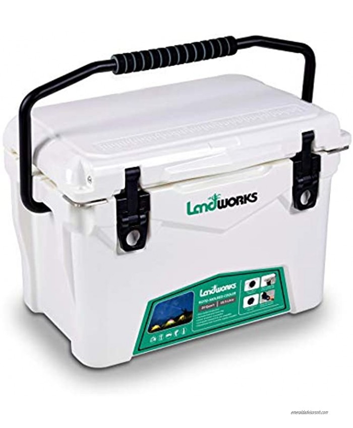Landworks Rotomolded ENHANCED Ice Cooler 20QT Up to 10 Day Ice Retention Commercial Grade Food Safe Dry Ice Compatible UV Protection 15mm Gasket Bottle Openers Vacuum Release Valve Lo Profile Latches