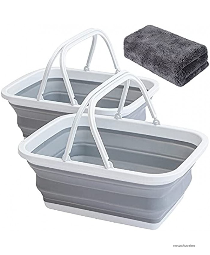 AUTODECO 2 Pack Collapsible Sink with Handle Towel 2.37 Gal 9L Foldable Wash Basin for Washing Dishes Camping Hiking and Home Gray and Gray