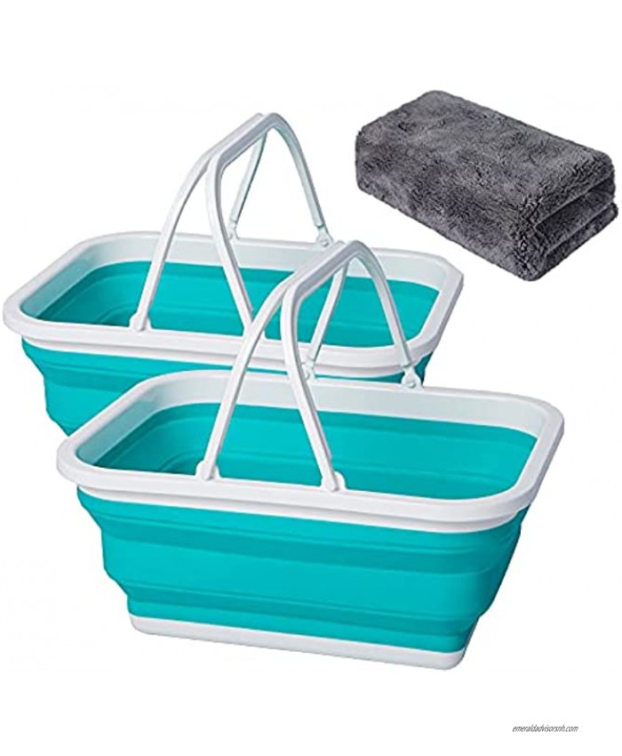 AUTODECO 2 Pack Collapsible Sink with Handle Towel 2.37 Gal 9L Foldable Wash Basin for Washing Dishes Camping Hiking and Home Blue and Blue